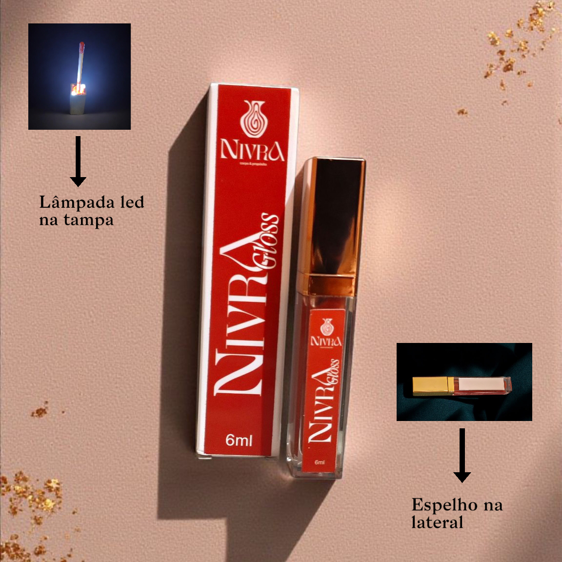 2025/10/1000113311.png NIVRA Gloss Morango 6ml – Brilho, hidratação e praticidade com LED e espelho - Imagem 1